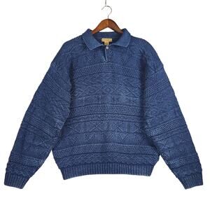 Ruff Hewn Textured Knit Henley Pullover Sweater Men M Navy Blue Cotton